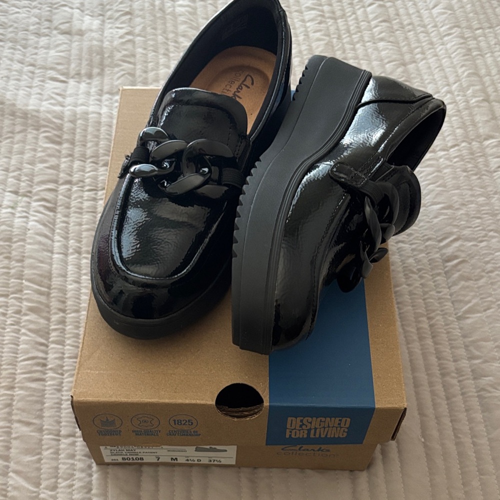 Clarks Black Patent Platform Chain Loafers
